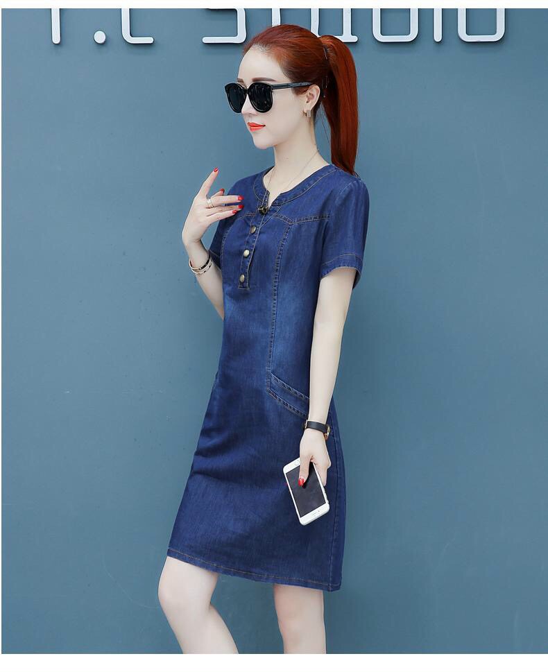 ĐẦM JEAN SUÔNG CỔ TRỤ TÚI XÉO